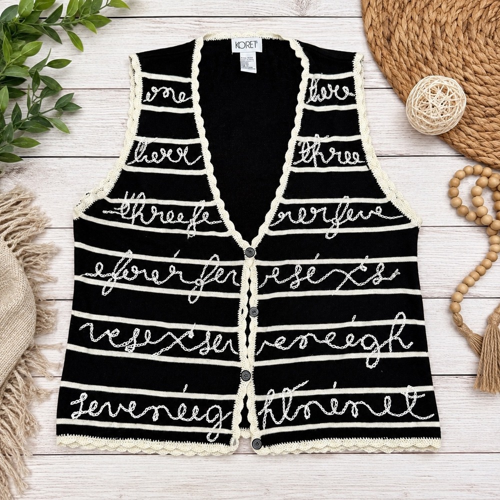 Vintage Koret Sweater Vest Size M Black Striped Crocheted Cursive Cottage Wool